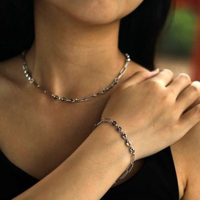 AMMA Silver (White Gold) Paper-Clip & Oval-Beads Chain Necklace