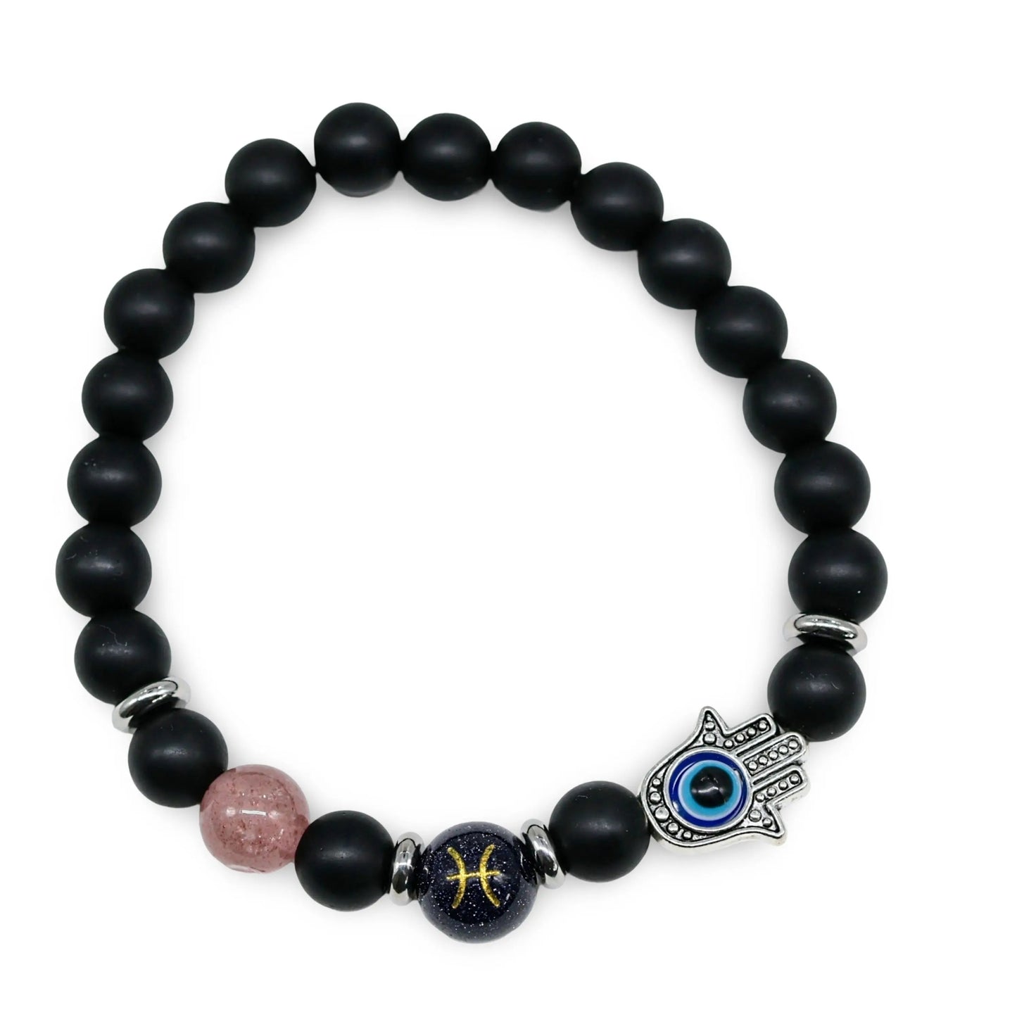 Bracelet - Natural Black Agate - Constellation - Fatima Hand - 8mm