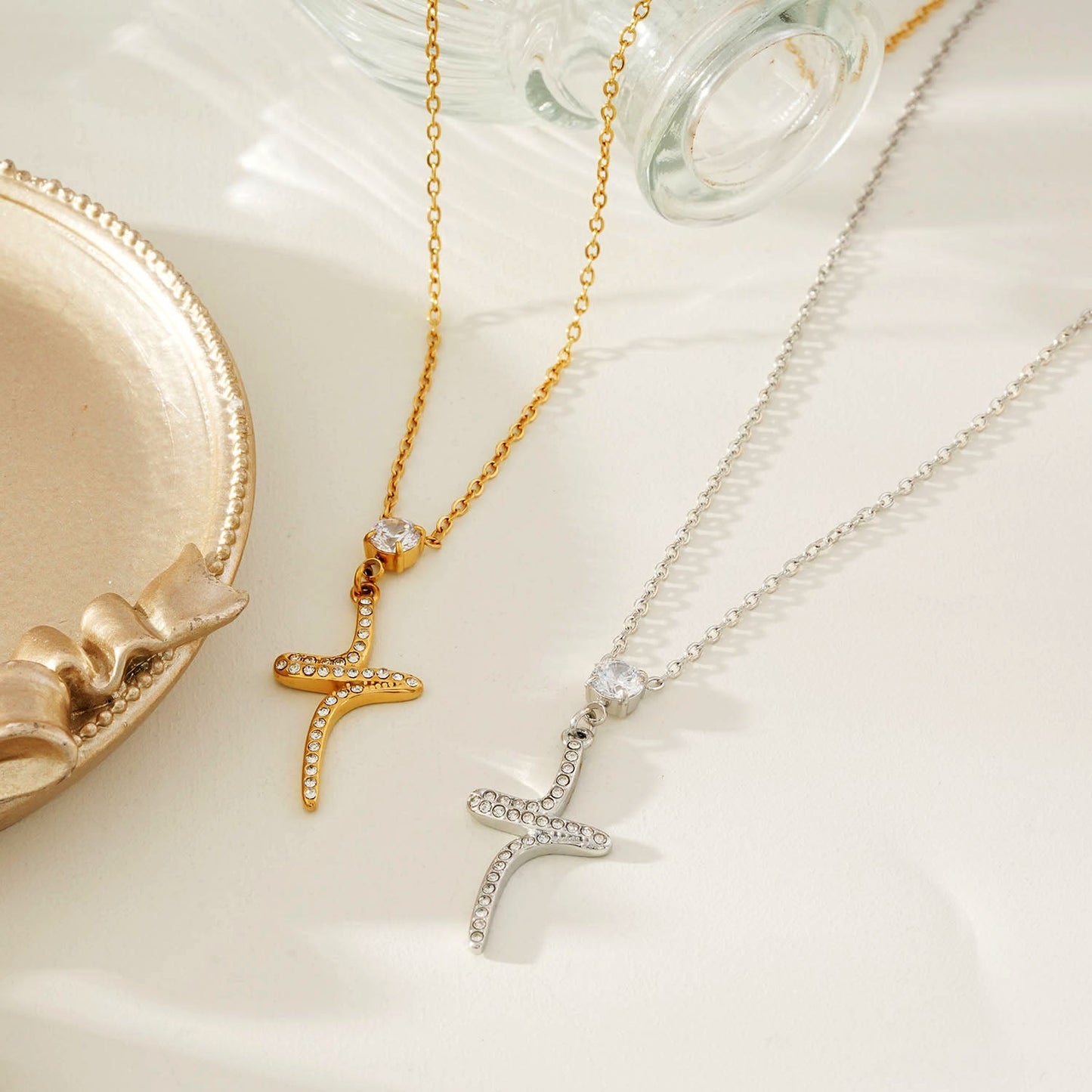 CRISTO Gold: Dainty Chain Necklace with a Zirconia Embedded Abstract Textured Cross Pendent