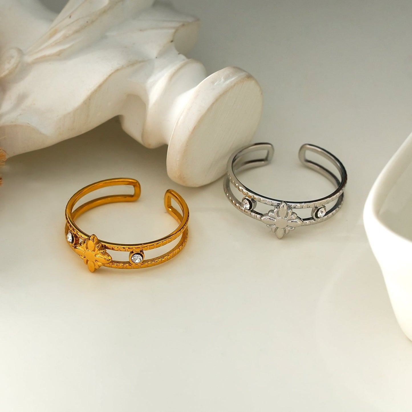 MICHELE White Gold (Silver Toned): Vintage Inspired Double Stacked Ring.