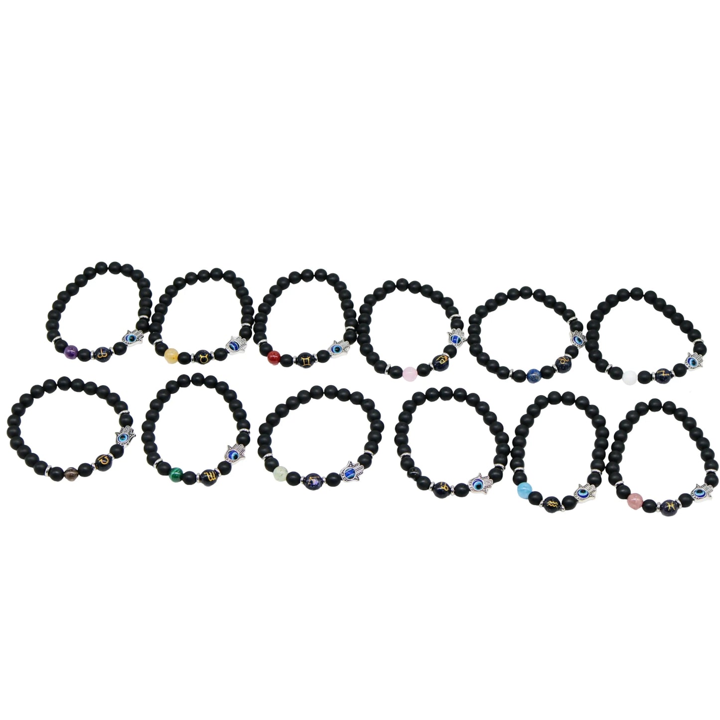 Bracelet - Natural Black Agate - Constellation - Fatima Hand - 8mm