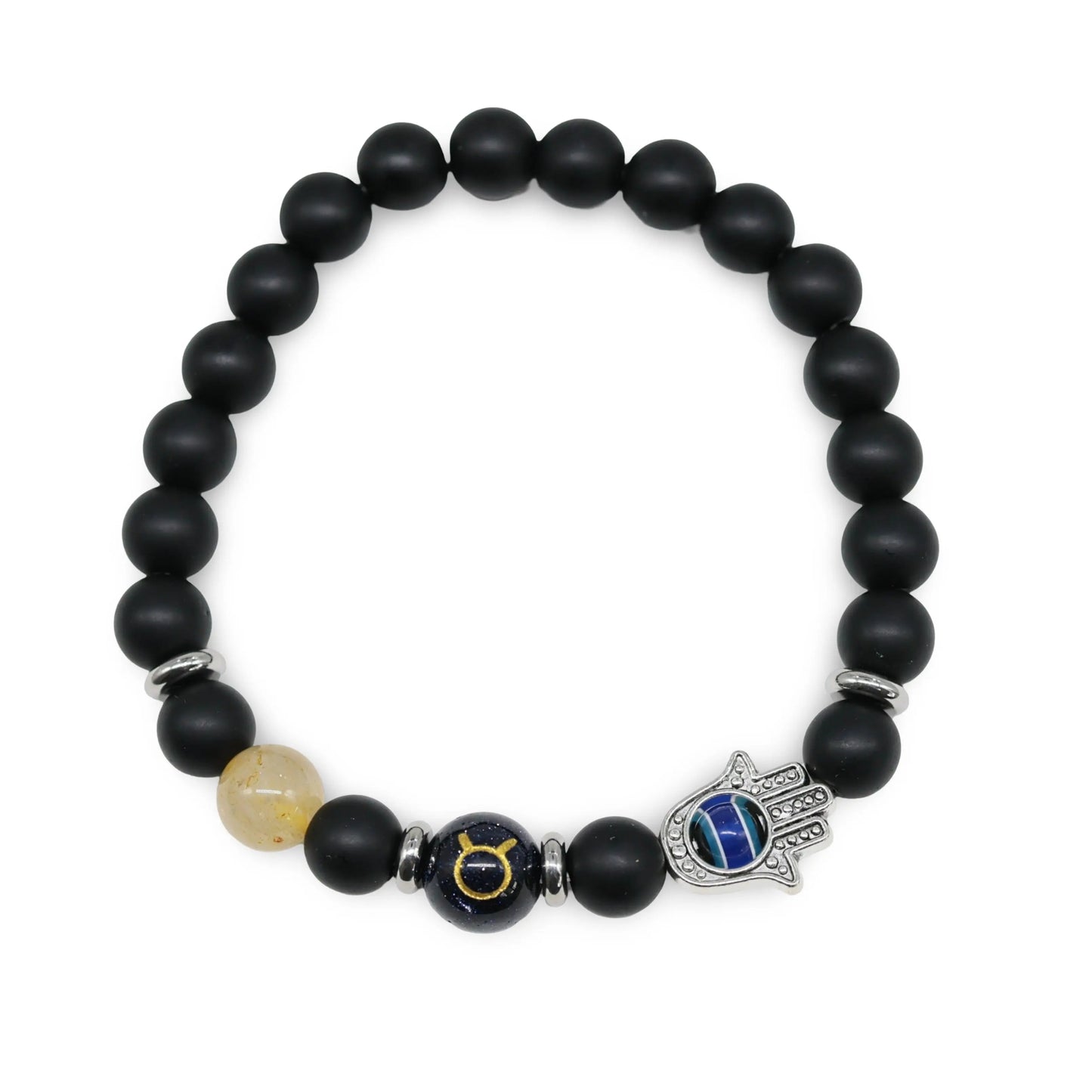 Bracelet - Natural Black Agate - Constellation - Fatima Hand - 8mm
