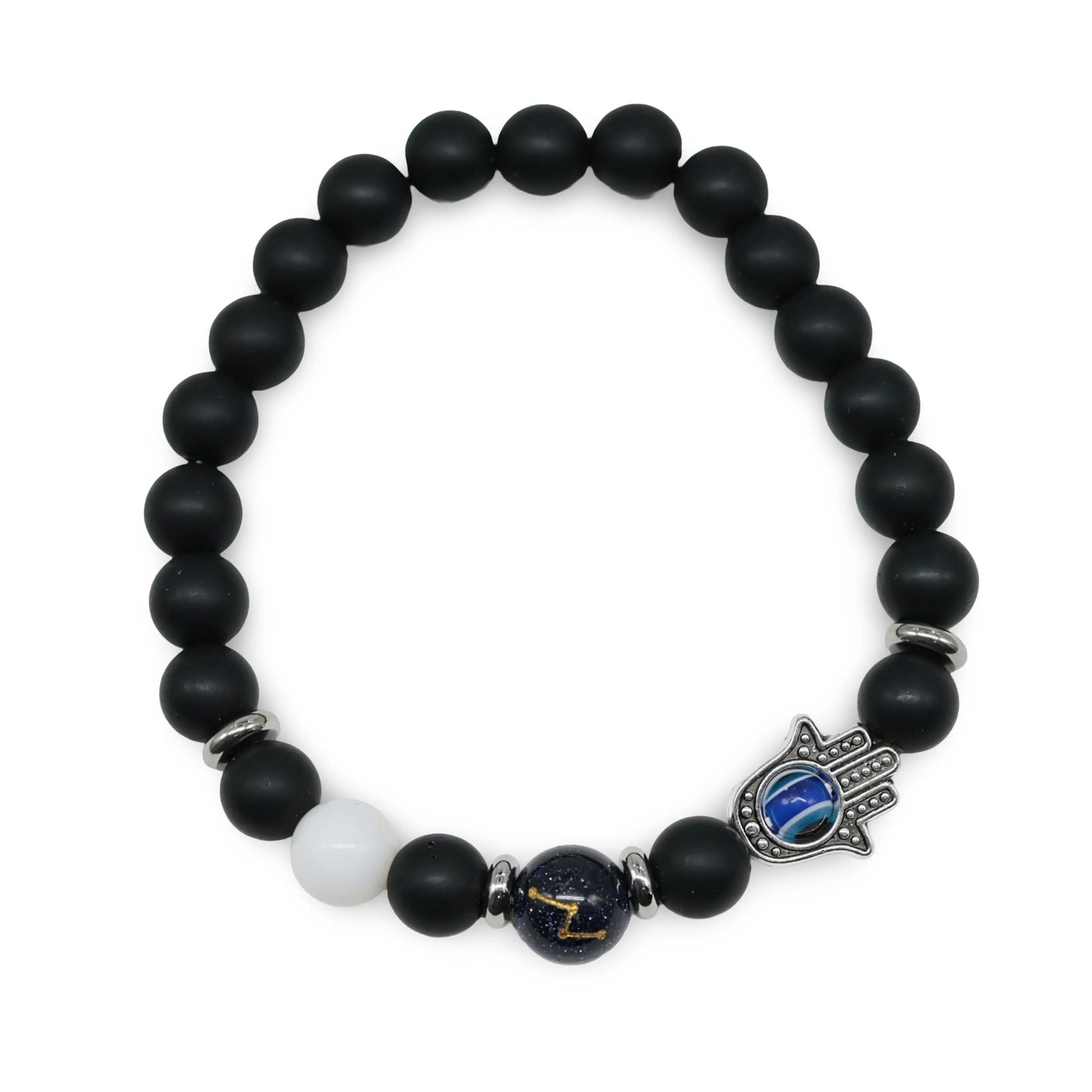 Bracelet - Natural Black Agate - Constellation - Fatima Hand - 8mm
