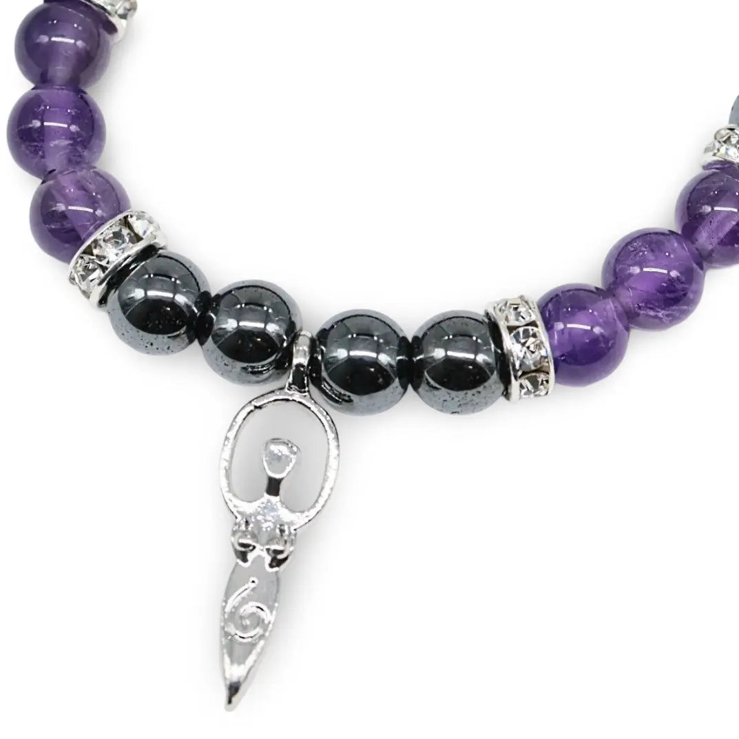 Bracelet - Hematite & Amethyst with Goddess Charm - 8mm