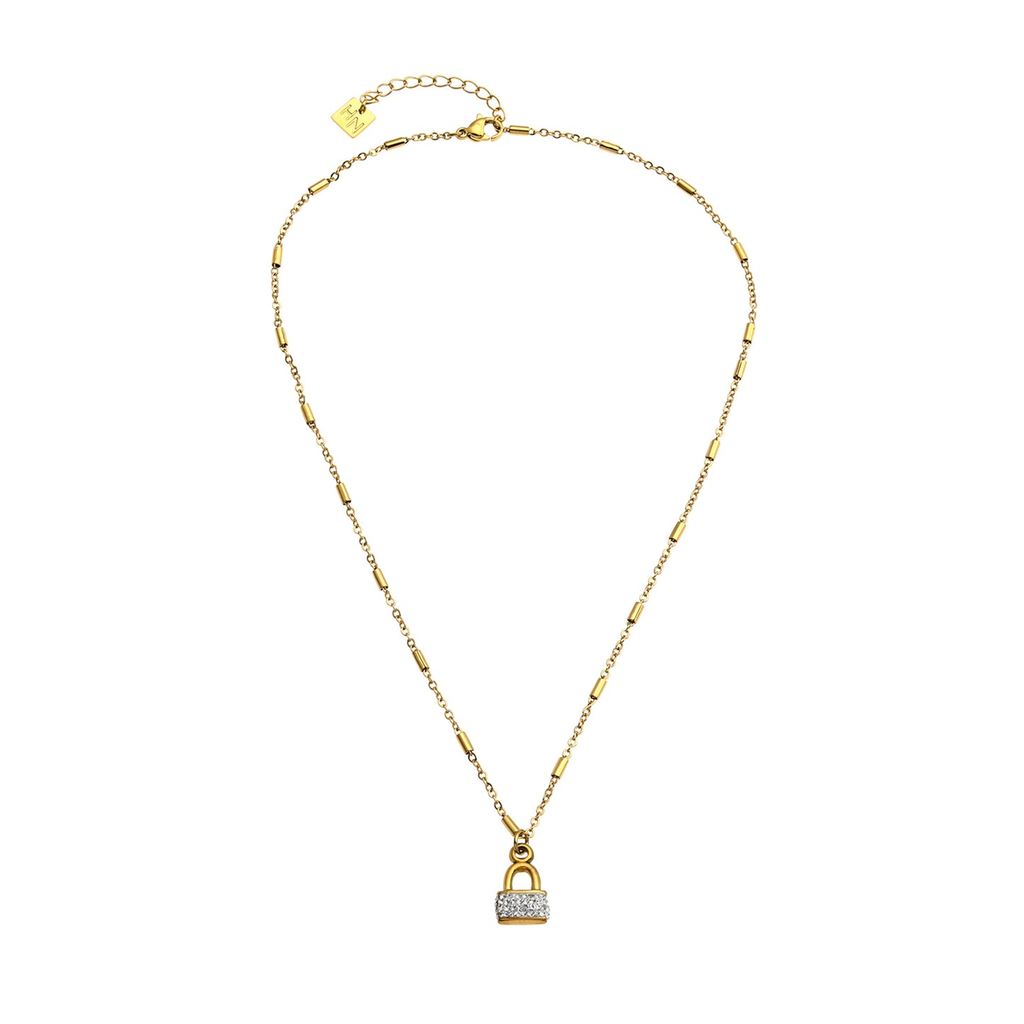 Style ABENI: Pavé Zirconia Pad Lock Pendant on a Tube Bead Chain Necklace in Gold