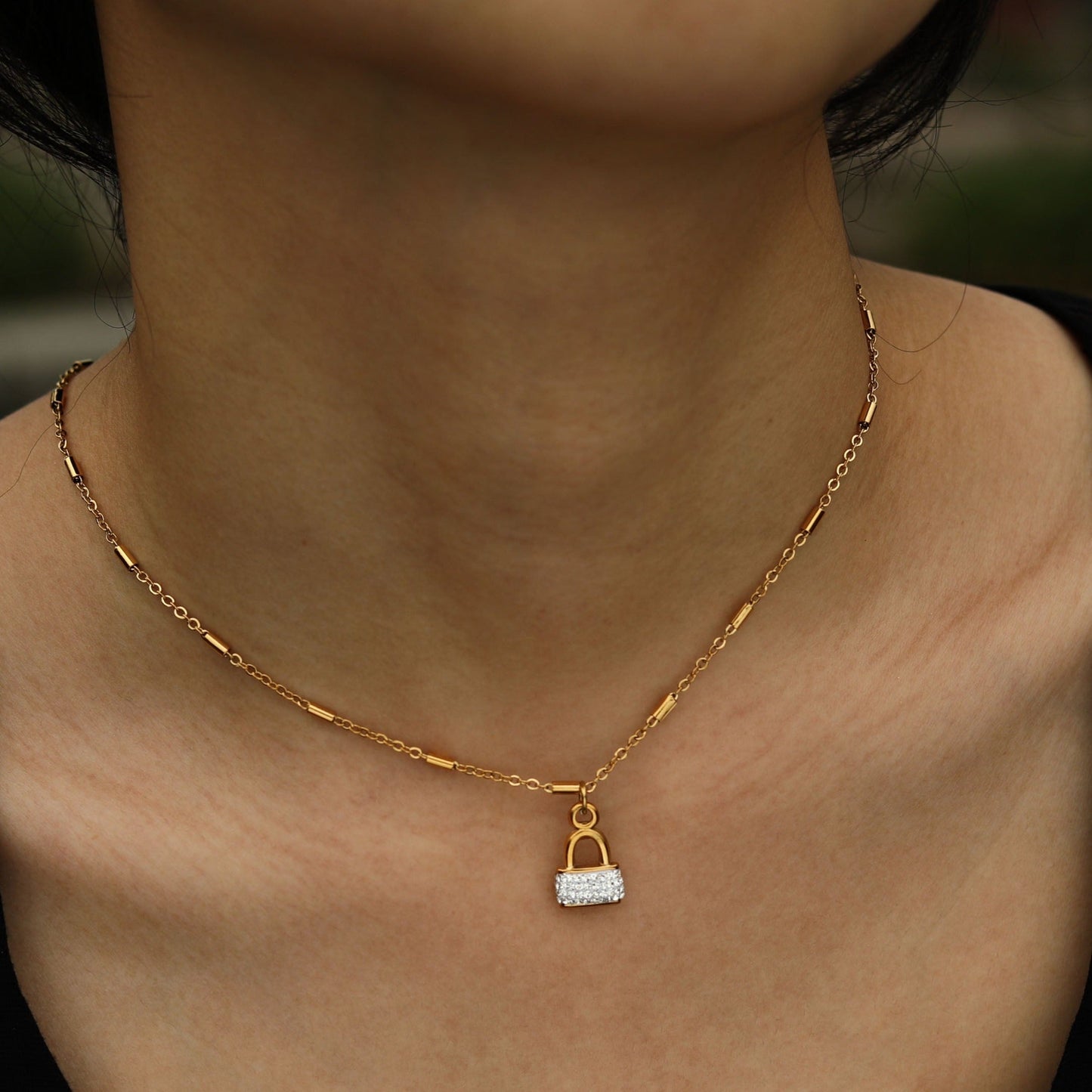 Style ABENI: Pavé Zirconia Pad Lock Pendant on a Tube Bead Chain Necklace in Gold