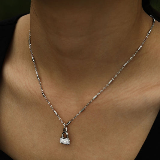 ABENI Tube Bead Chain Necklace with a Pavé Zirconia Pad Lock Pendant in Silver