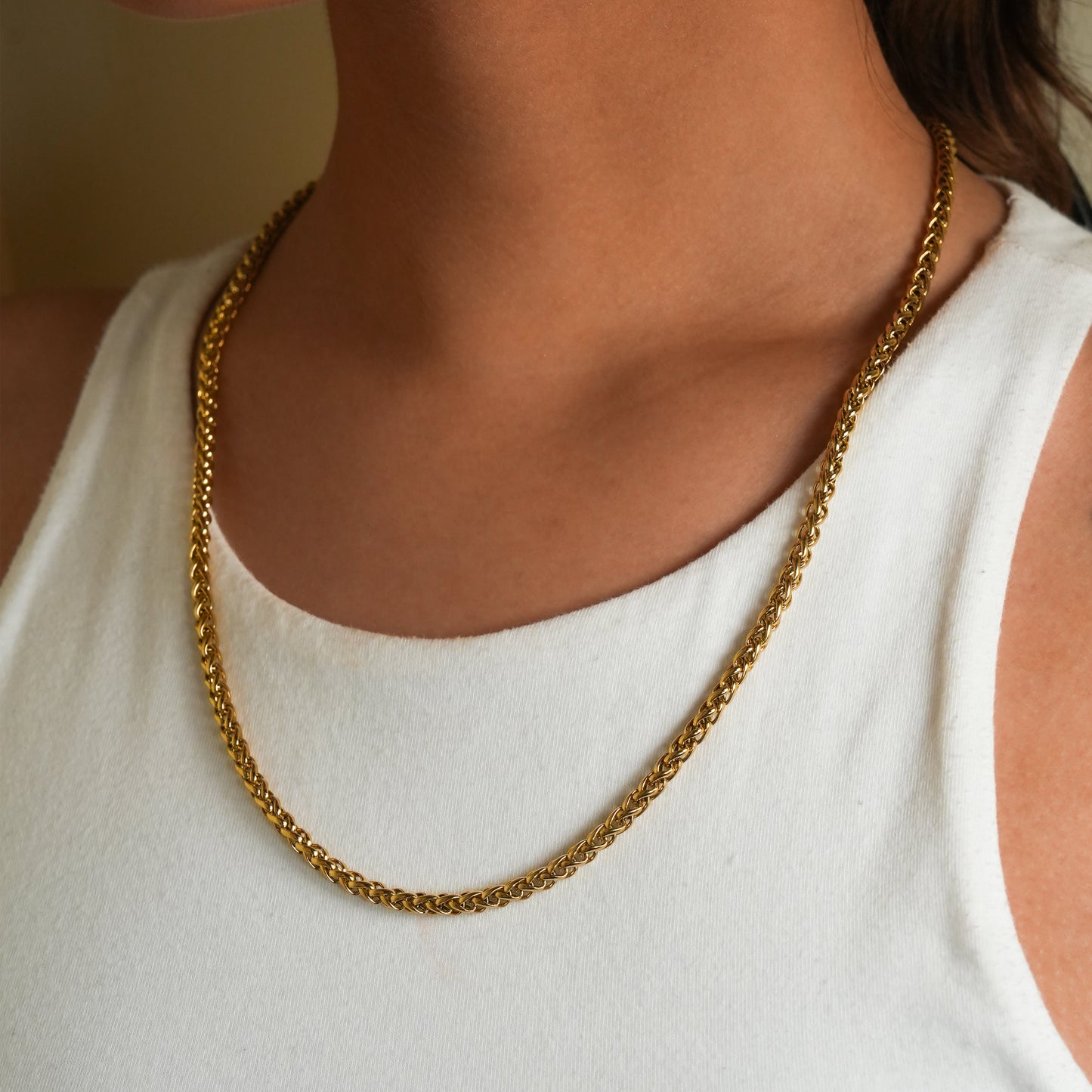 Style ACTON: Mid Width Byzantine Chain Necklace in Gold.