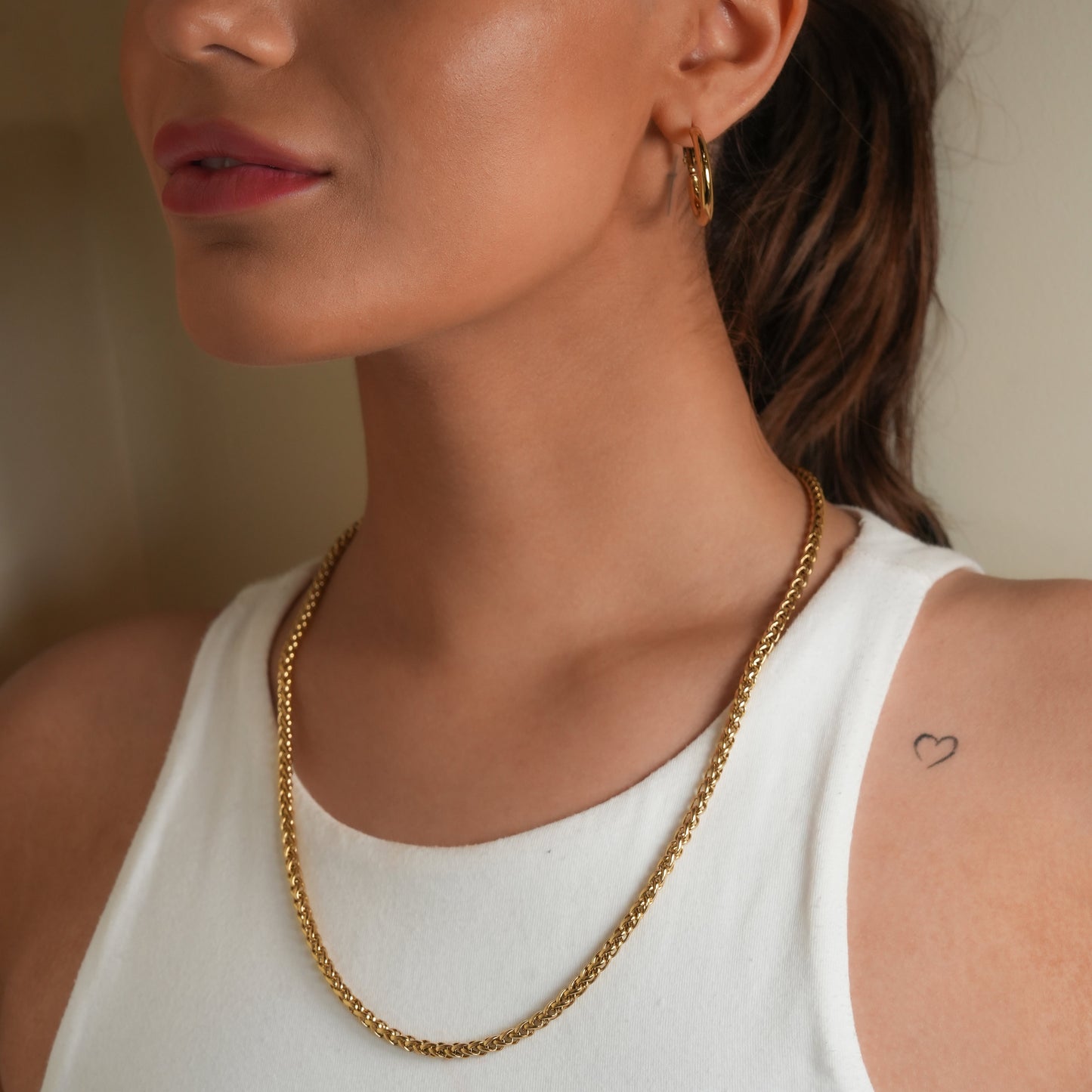 Style ACTON: Mid Width Byzantine Chain Necklace in Gold.