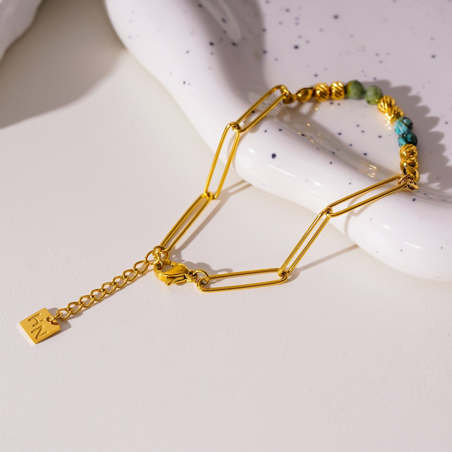 AIJAMI: Link-Chain, Gold Beads & African Turquoise Natural Stones Bracelet