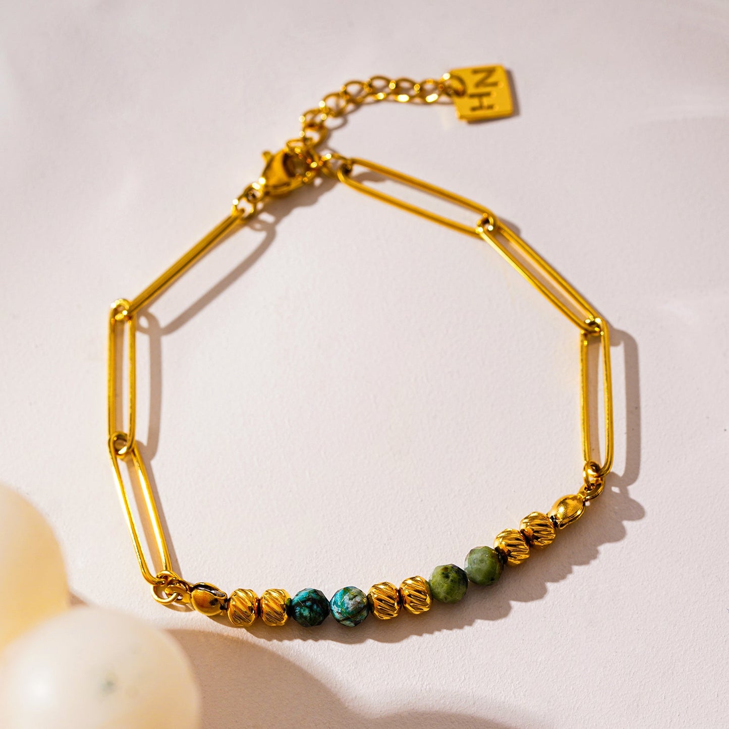 AIJAMI: Link-Chain, Gold Beads & African Turquoise Natural Stones Bracelet