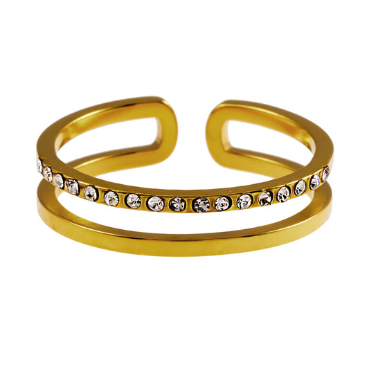 AIZA: Twin Banded Ring with Pavé Zirconia & Smooth Finish Contrasting Surfaces