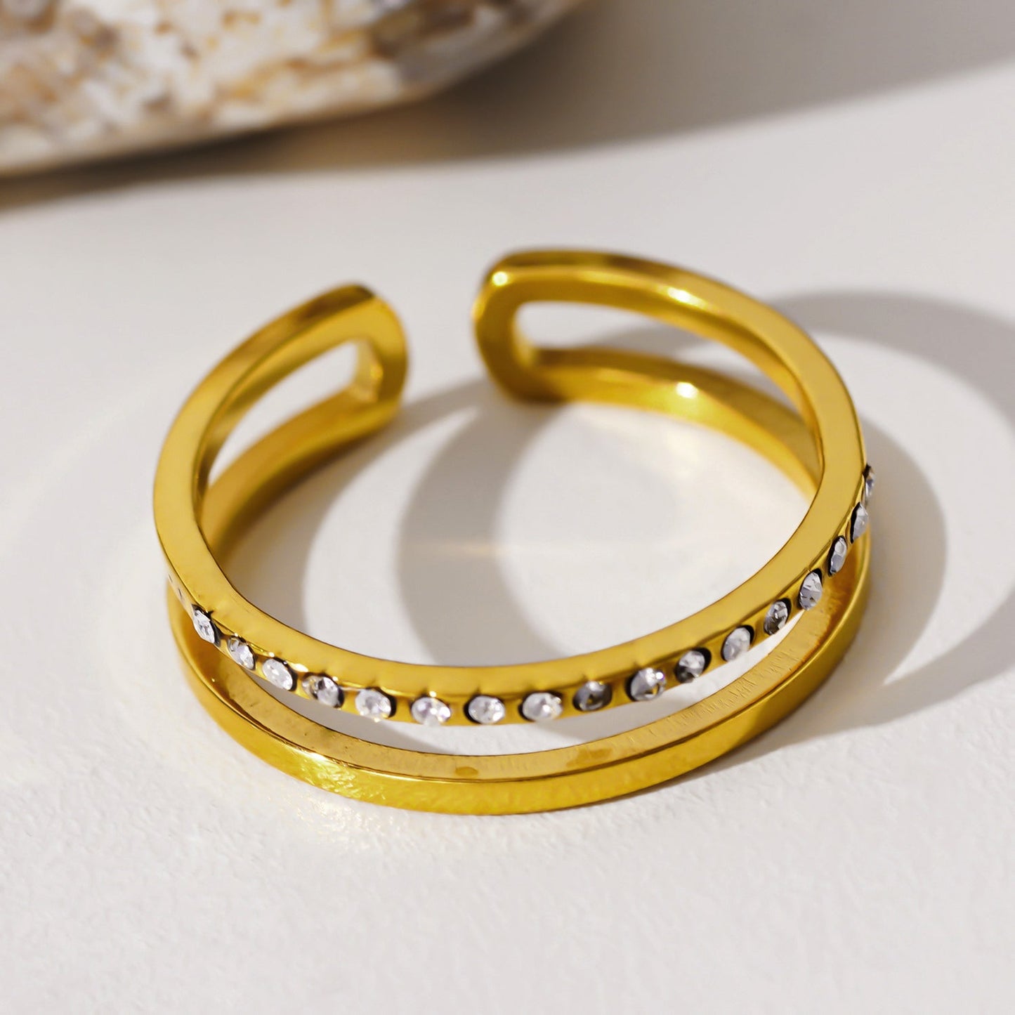 AIZA: Twin Banded Ring with Pavé Zirconia & Smooth Finish Contrasting Surfaces
