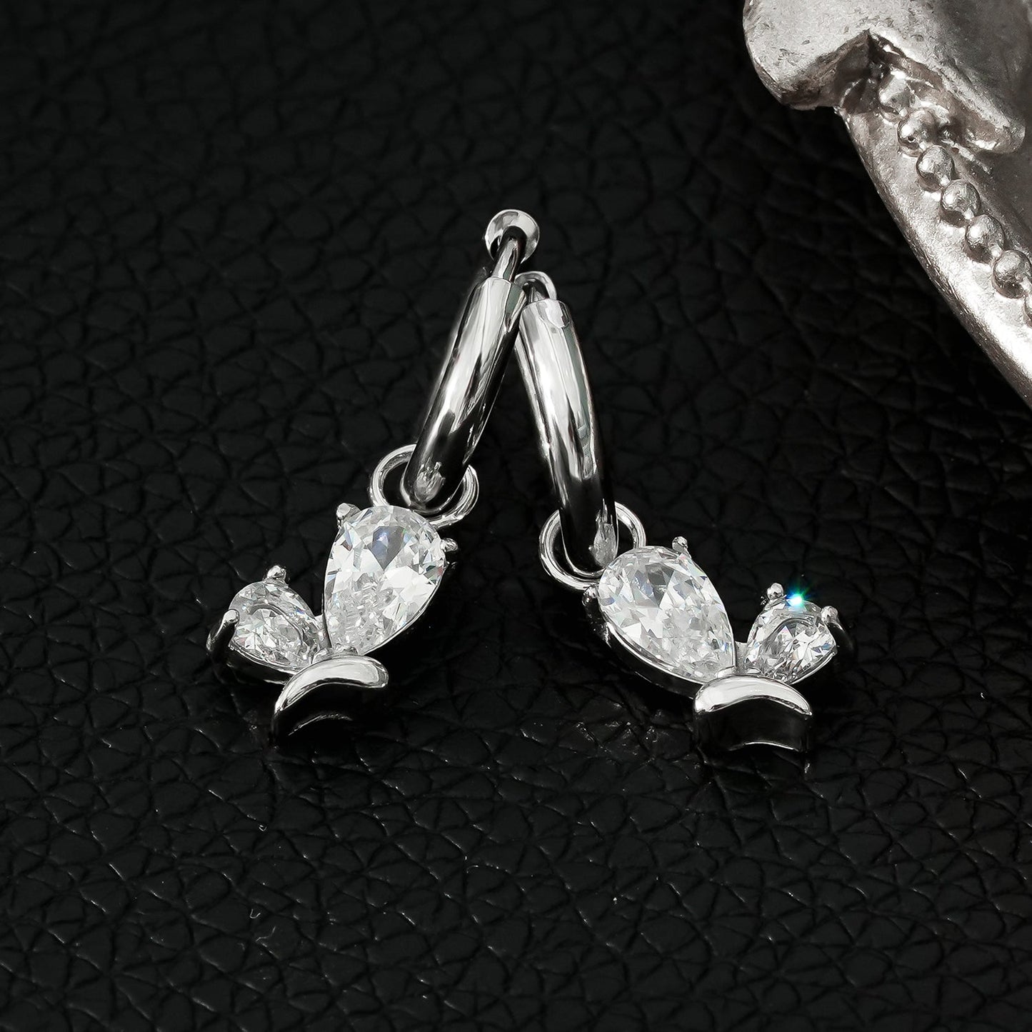 ALEXANDER White Gold (Silver Toned): Vintage Inspired Hoops with Abstract Zirconia Charms