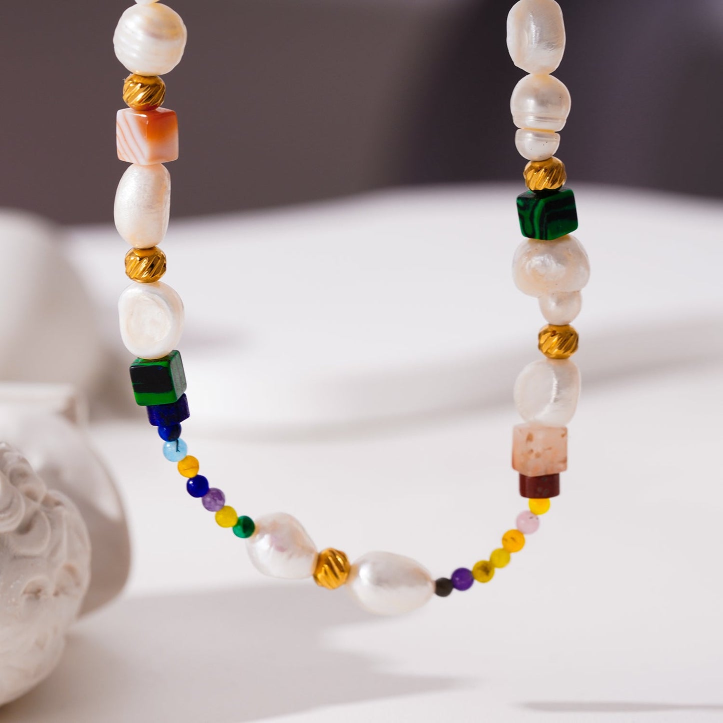 AMADIA: Paradise Found - Colourful Necklace with Gold Beads, Natural Stones, and Freshwater Pearls