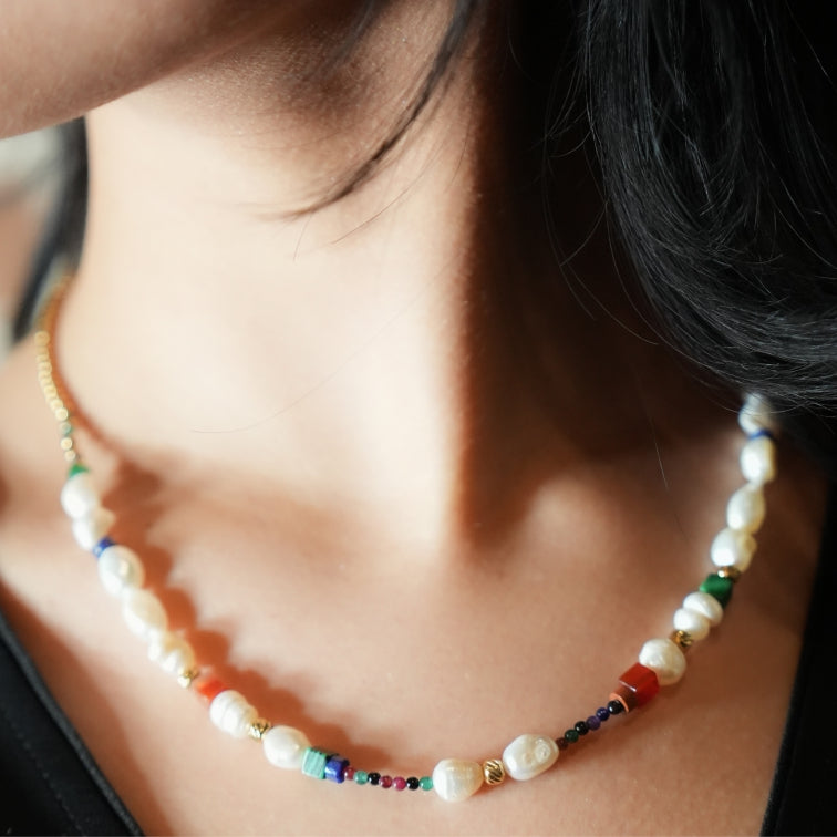 AMADIA: Paradise Found - Colourful Necklace with Gold Beads, Natural Stones, and Freshwater Pearls