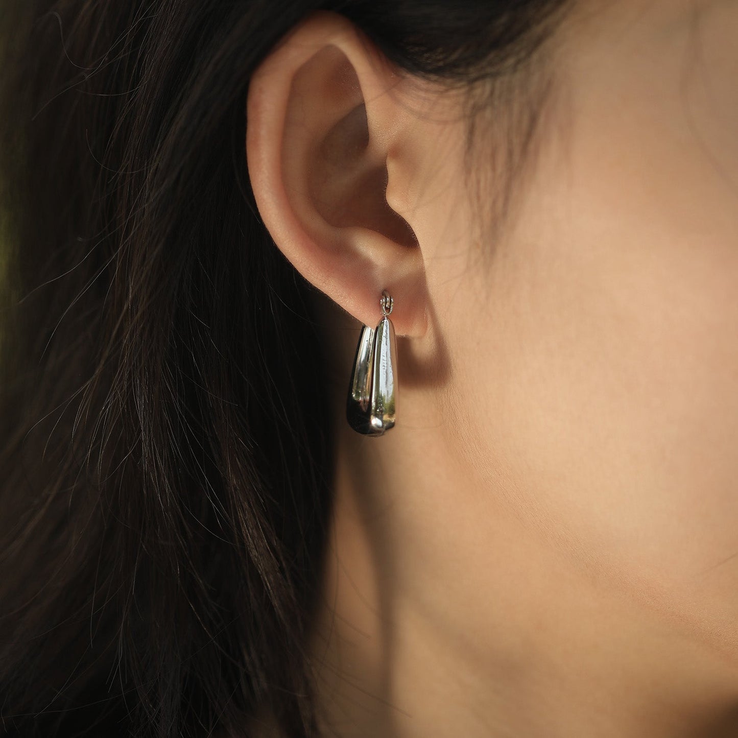 ANIKA: White Gold (Silver Toned) Triangular Chunky Mini Hoop Earrings
