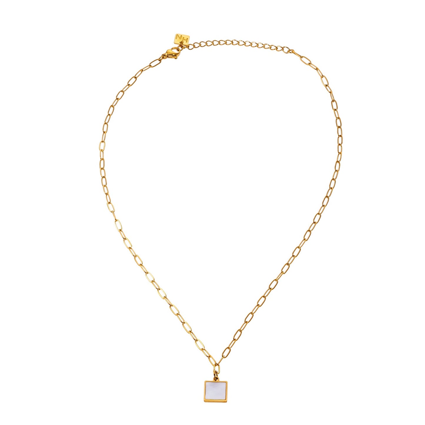 Style ANNABELLA: Minimalist Metal & Shell Square Pendant on a Paper-Clip Chain Necklace.