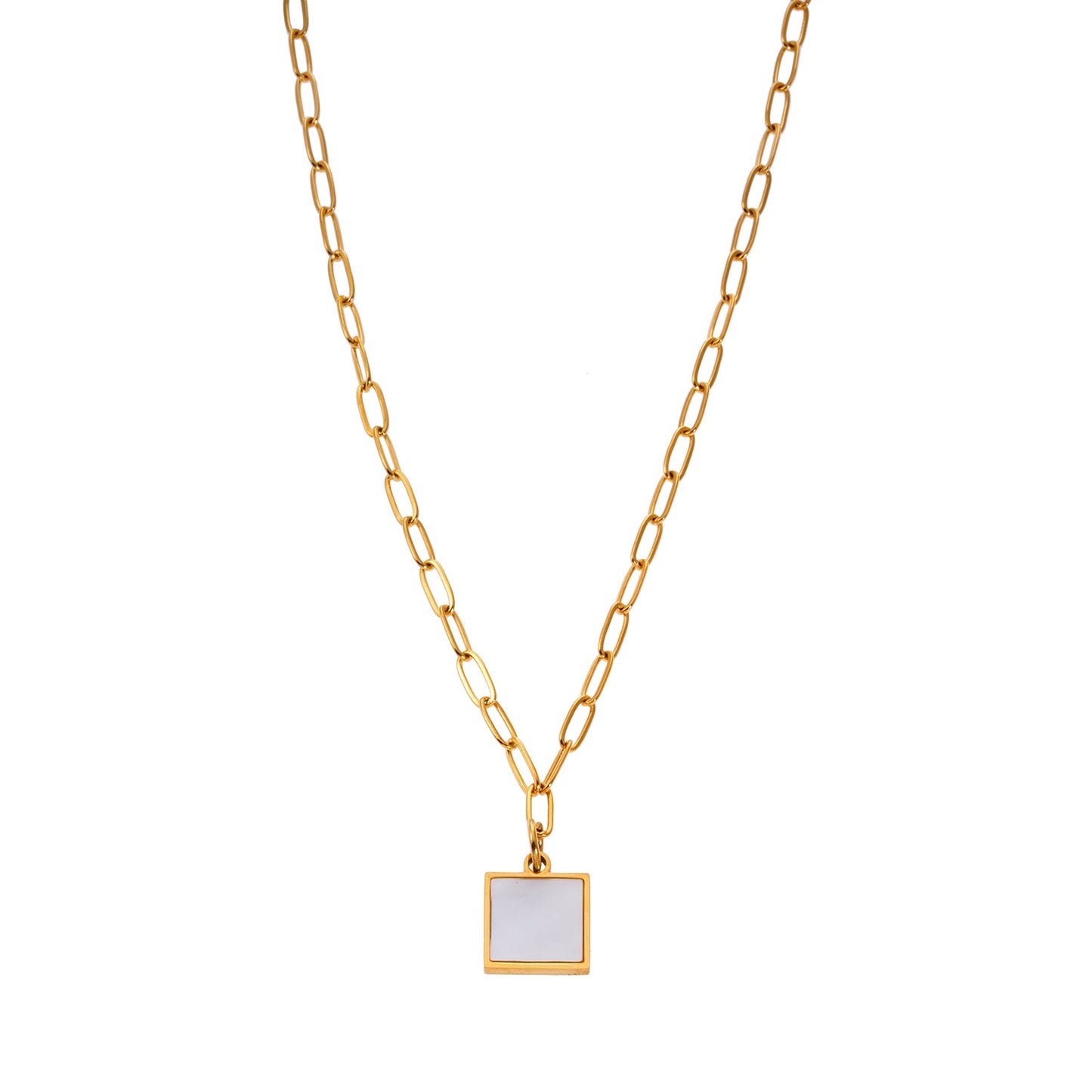 Style ANNABELLA: Minimalist Metal & Shell Square Pendant on a Paper-Clip Chain Necklace.