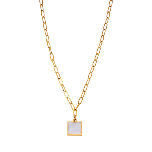 Style ANNABELLA: Minimalist Metal & Shell Square Pendant on a Paper-Clip Chain Necklace.