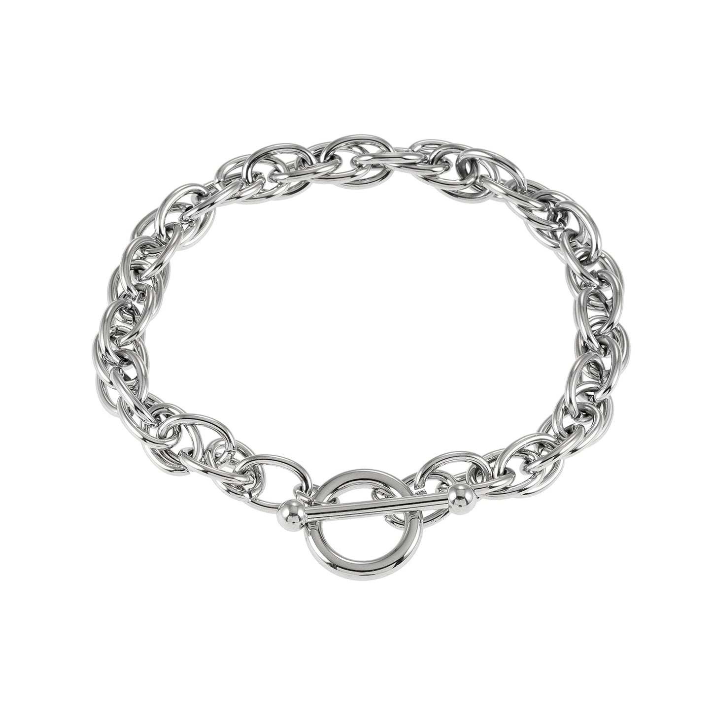 ARDA Silver Toned White Gold: Chunky Intricate Multi-Link Bracelet with Circle & T-Stopper