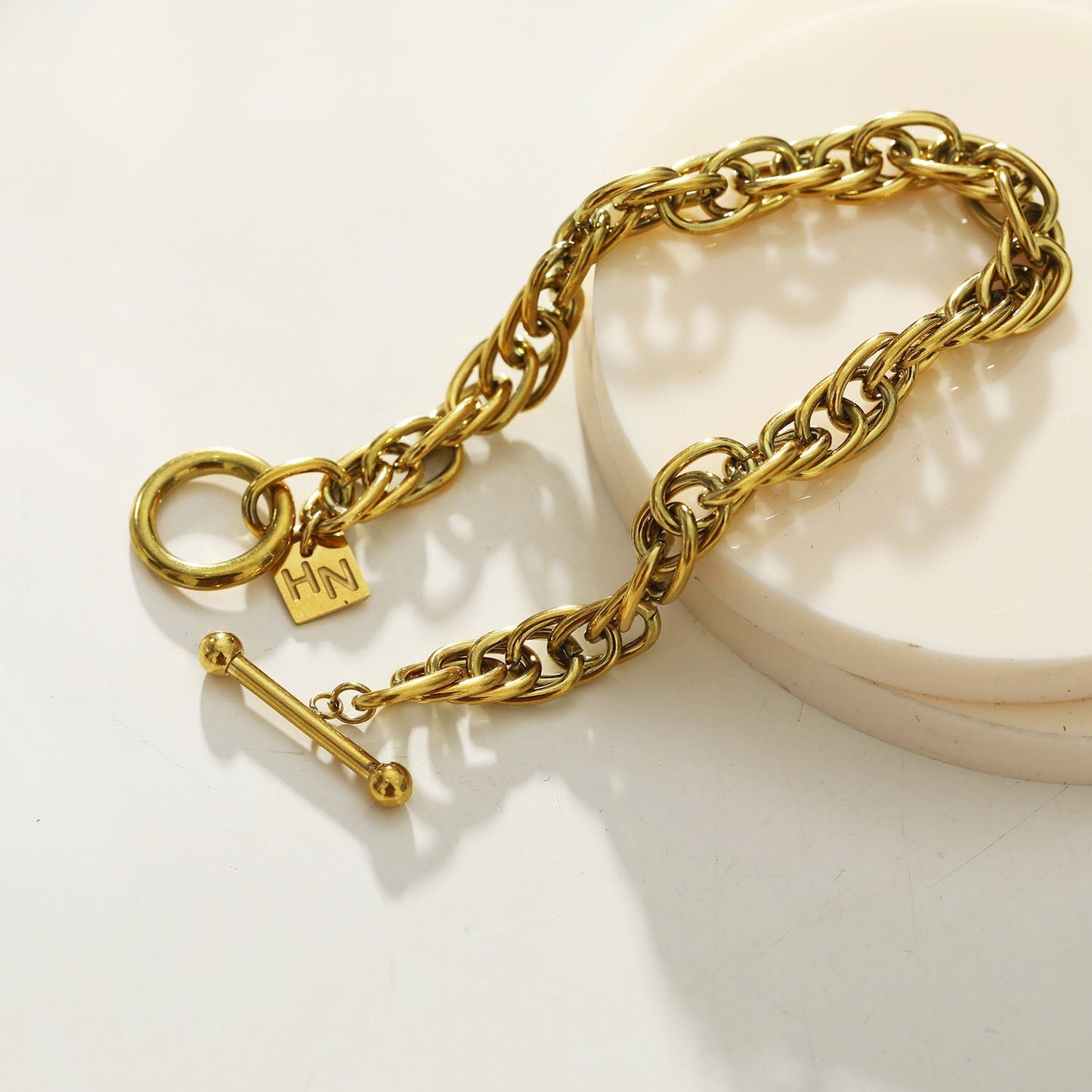 ARDA Gold: Chunky Intricate Multi-Link Bracelet with Circle & T-Stopper
