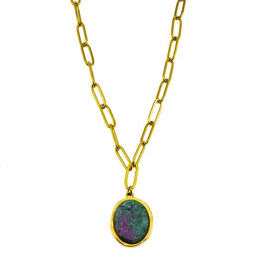 ASAMI: Contemporary Paperclip Chain anchoring a Ruby Zoisite Oval Pendant