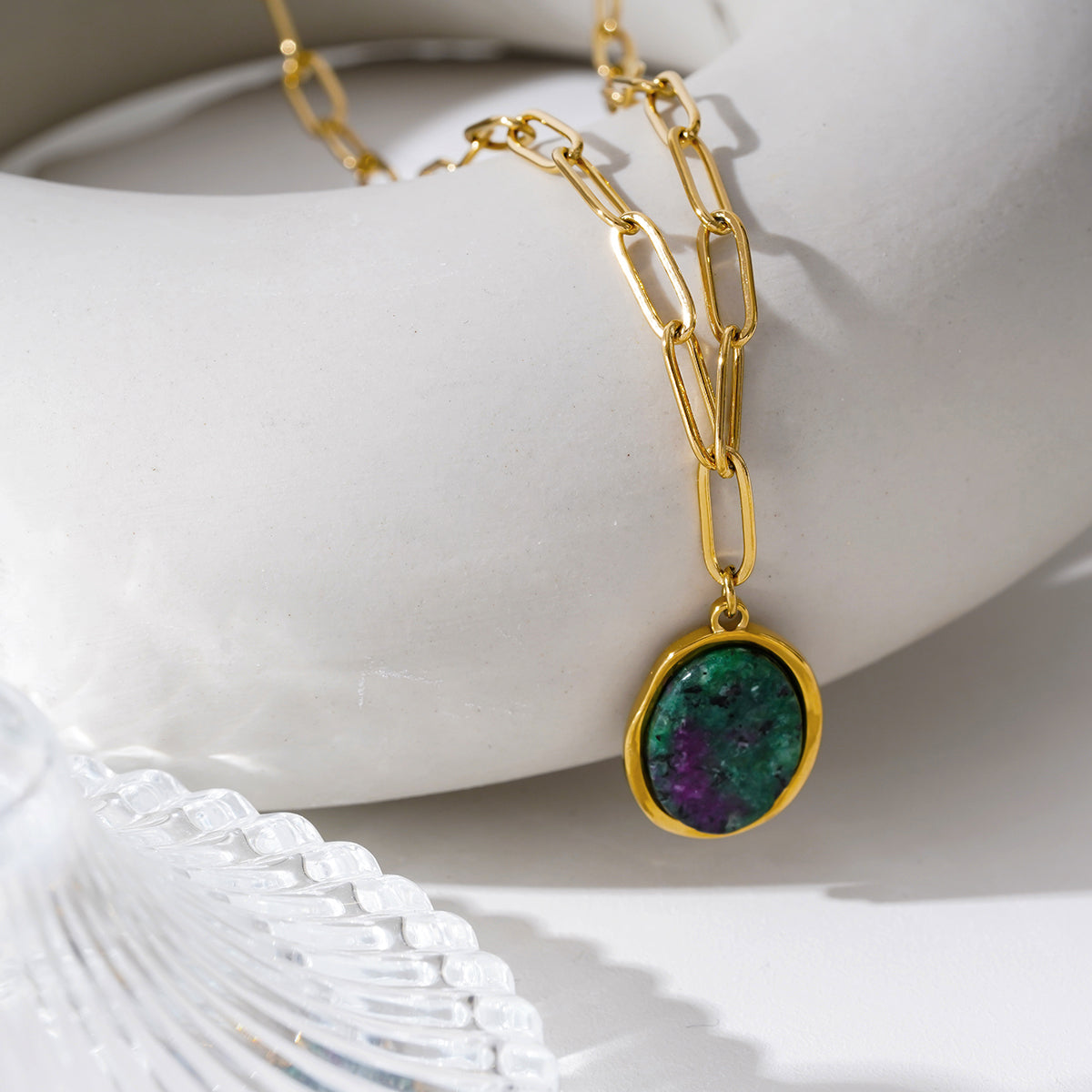ASAMI: Contemporary Paperclip Chain anchoring a Ruby Zoisite Oval Pendant