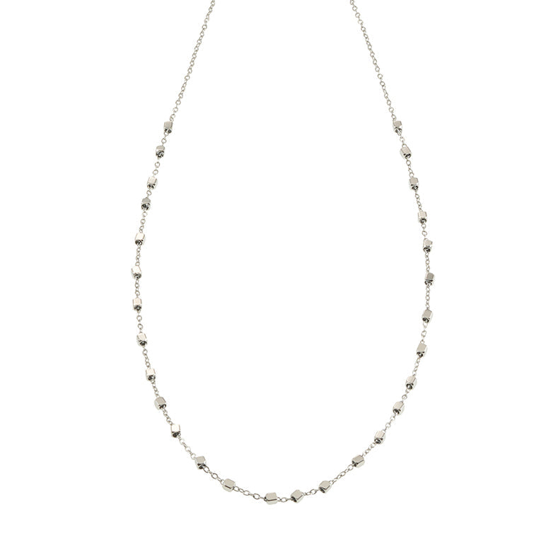 AUREOLE: Essential Daily Chain with Delicate Square Beads in Silver Toned White Gold.