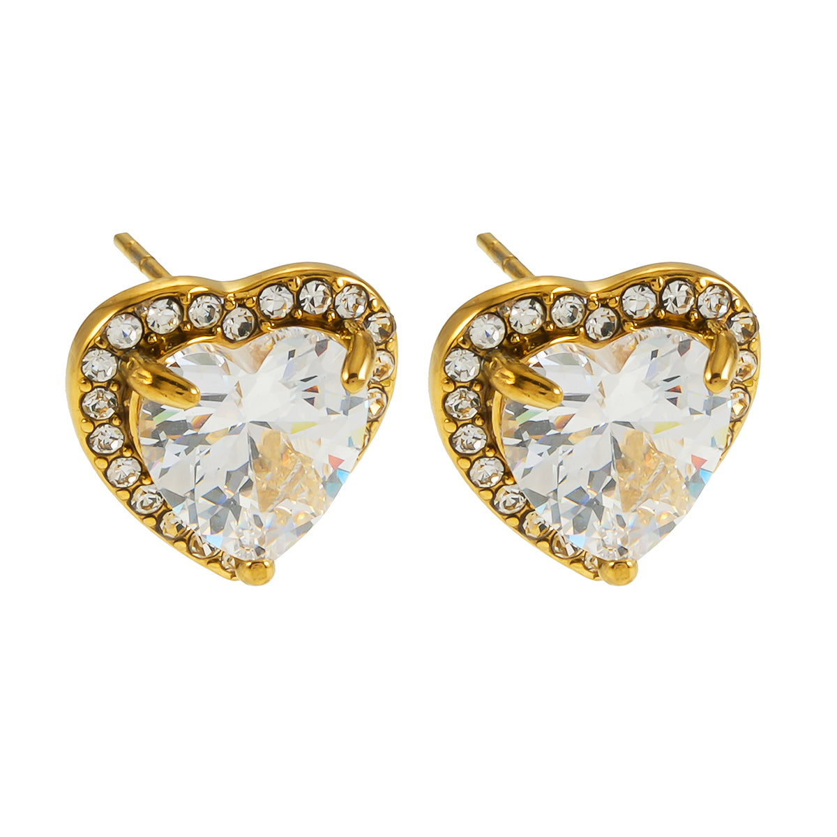 BANRAK Gold: Shimmering Heart Shaped Moissanite & Zirconia (CZ) Embedded Stud Earrings