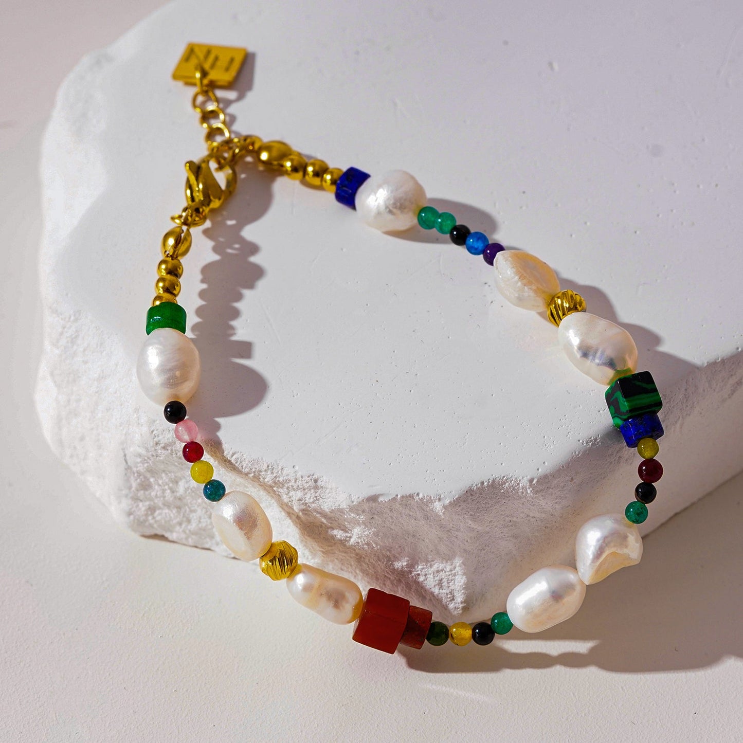 BANYANA: Paradise Found - Colourful Bracelet with Gold Beads, Natural Stones, and Freshwater Pearls
