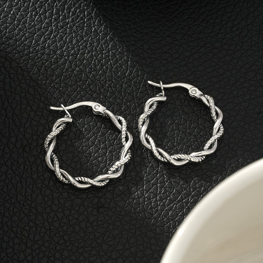 BARBARA Silver (White Gold): Contrast Textured Twisted Rope Hoop Earrings