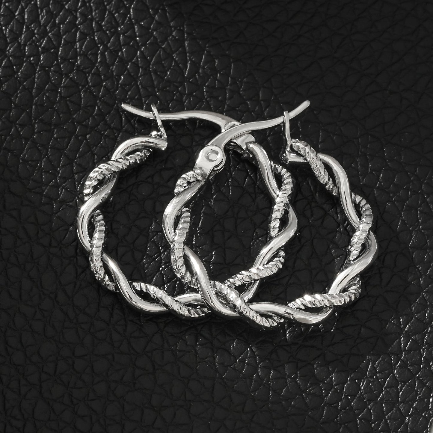 BARBARA Silver (White Gold): Contrast Textured Twisted Rope Hoop Earrings