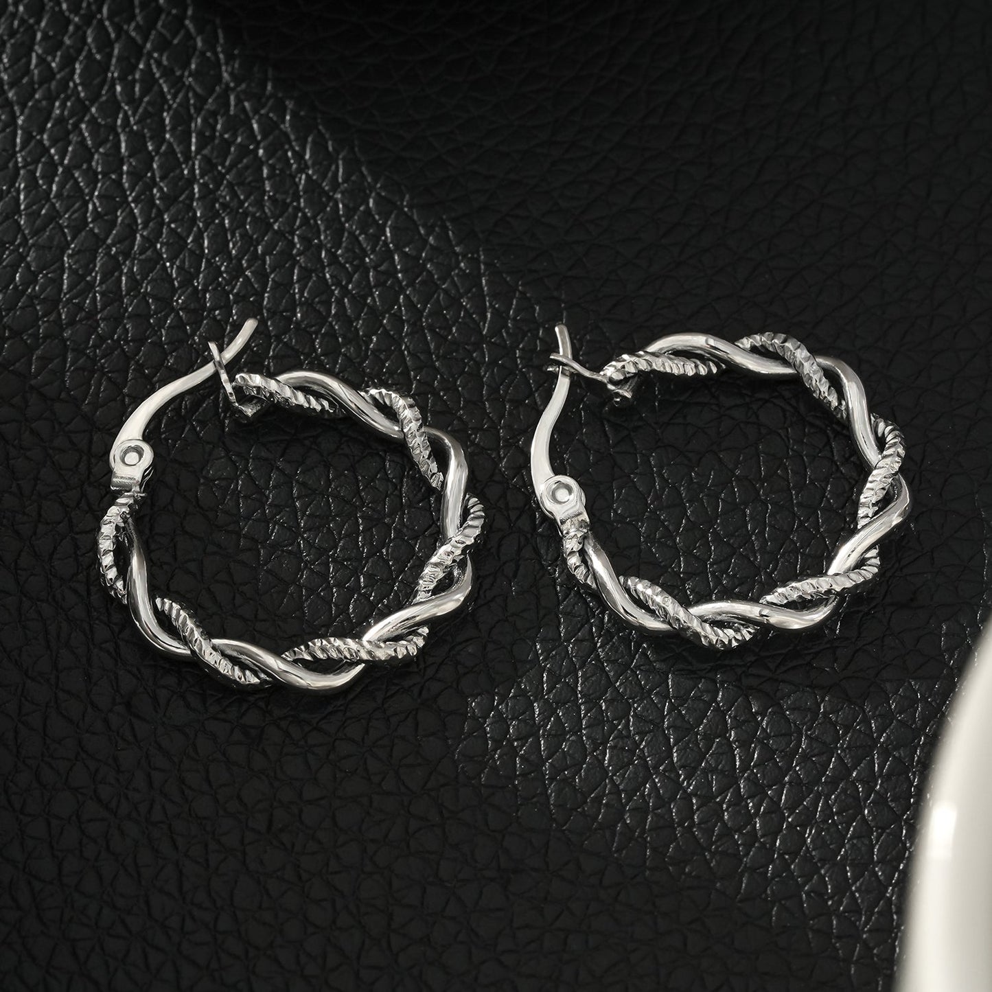 BARBARA Silver (White Gold): Contrast Textured Twisted Rope Hoop Earrings