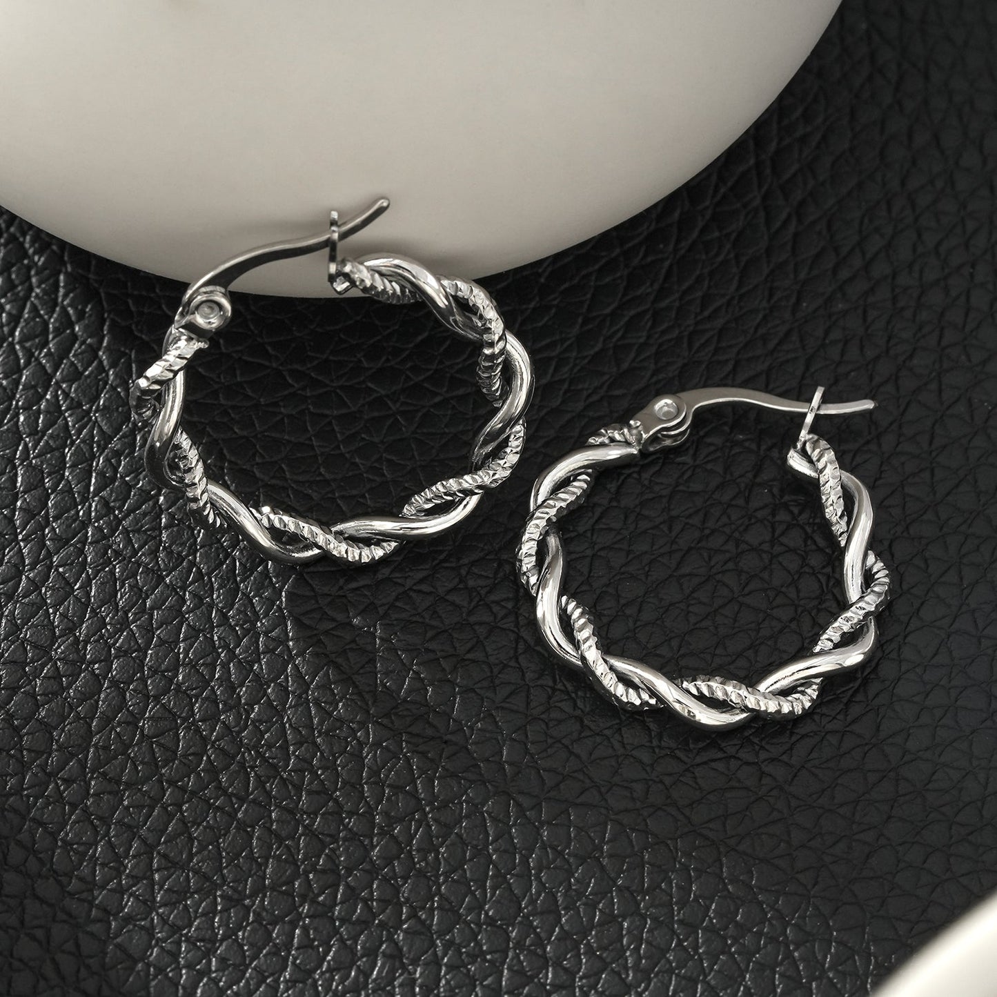 BARBARA Silver (White Gold): Contrast Textured Twisted Rope Hoop Earrings