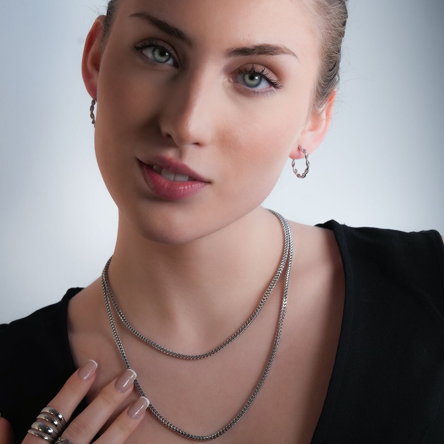 BARBARA Silver (White Gold): Contrast Textured Twisted Rope Hoop Earrings