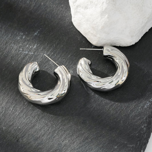 BEAUFORT Silver Toned (White Gold): Abstract-Chic Chunky Look Hoop Earrings – Modern Elegance Redefined