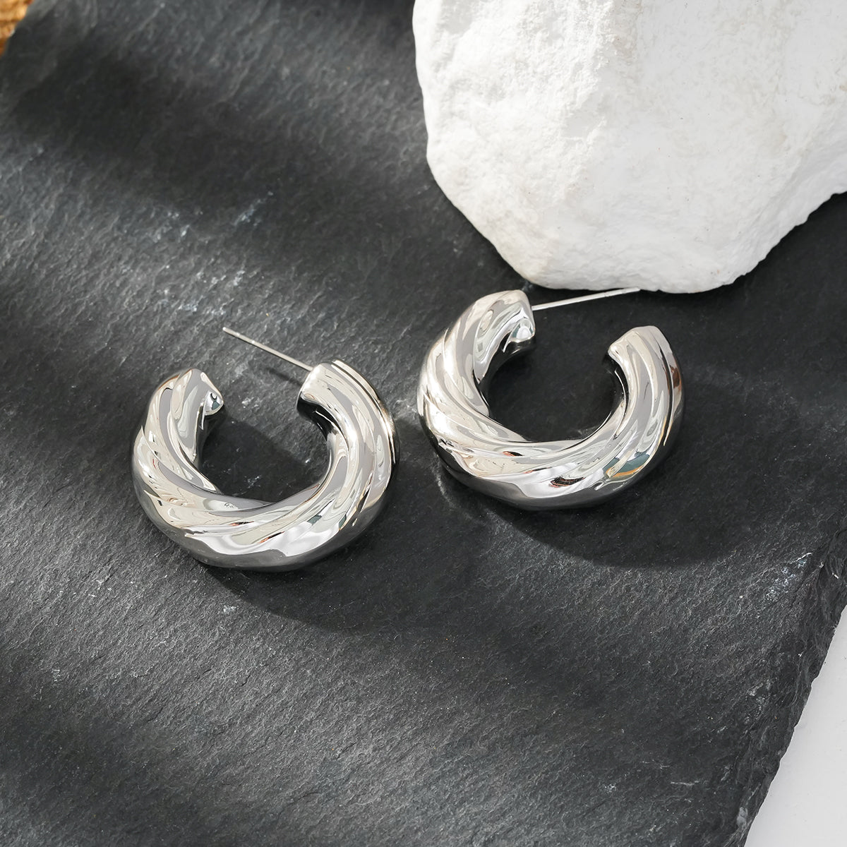 BEAUFORT Silver Toned (White Gold): Abstract-Chic Chunky Look Hoop Earrings – Modern Elegance Redefined