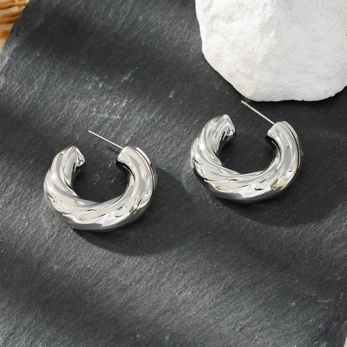 BEAUFORT Silver Toned (White Gold): Abstract-Chic Chunky Look Hoop Earrings – Modern Elegance Redefined
