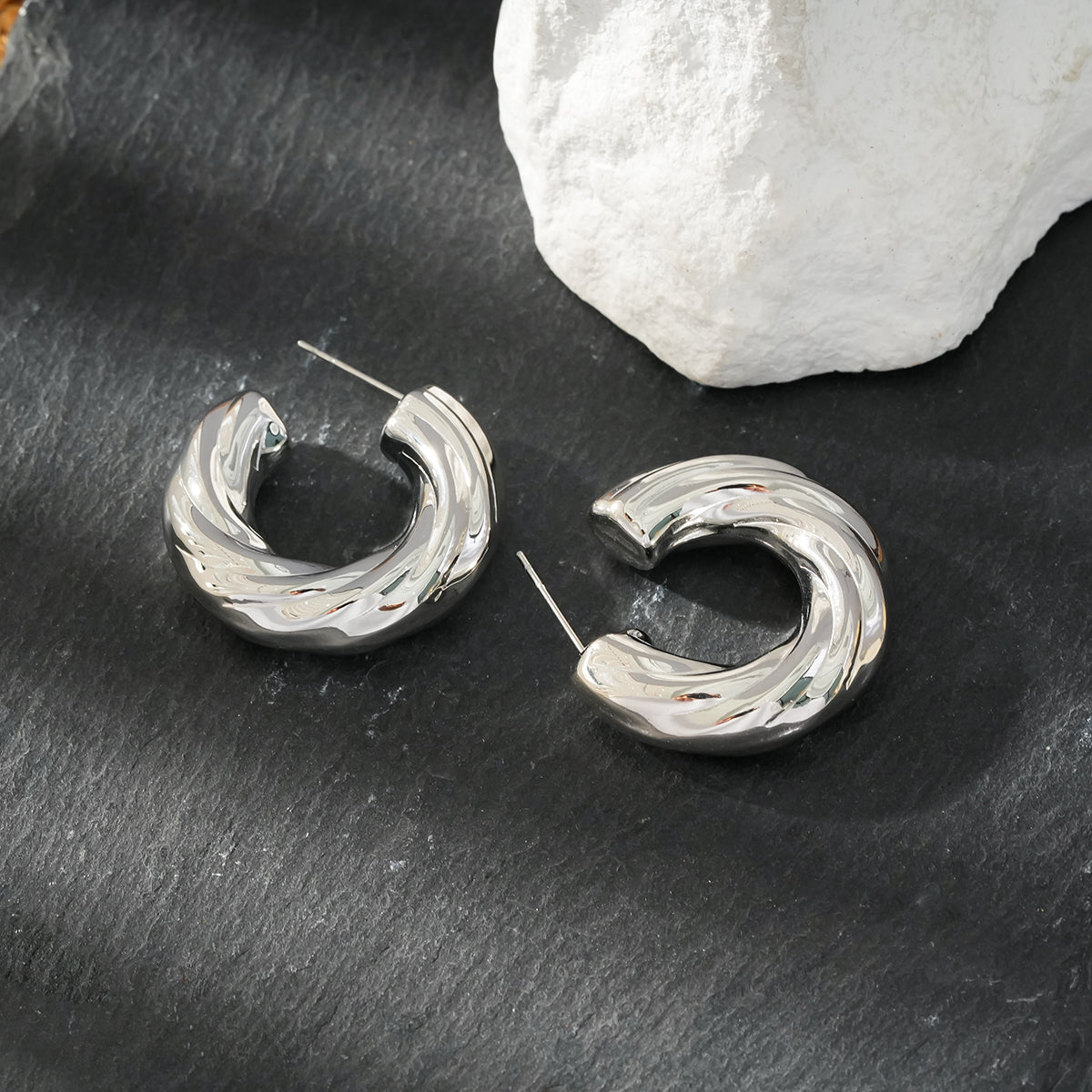 BEAUFORT Silver Toned (White Gold): Abstract-Chic Chunky Look Hoop Earrings – Modern Elegance Redefined