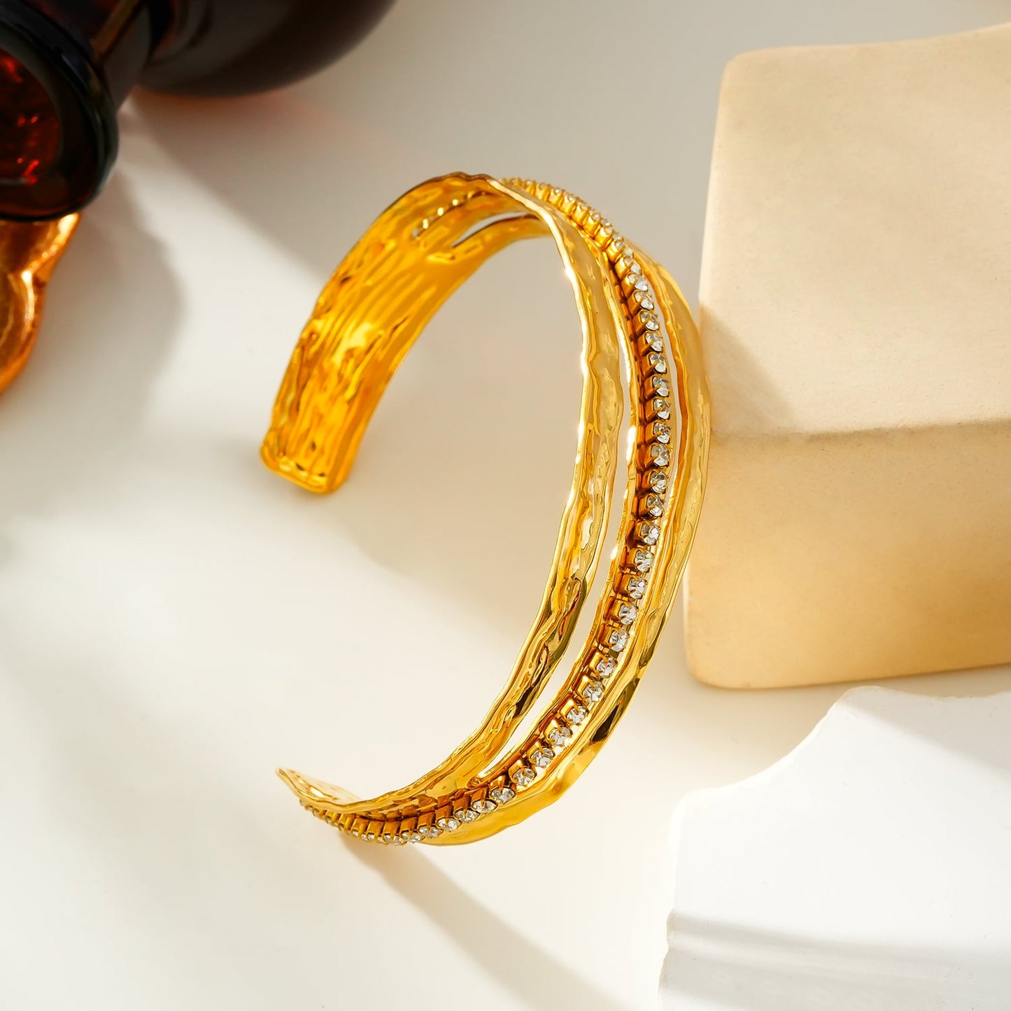 BELLINA Gold: Triple Stacked Textured Bracelet Zirconia (CZ) Embedded Tennis Bracelet at Centre. Stacked for Glamour.