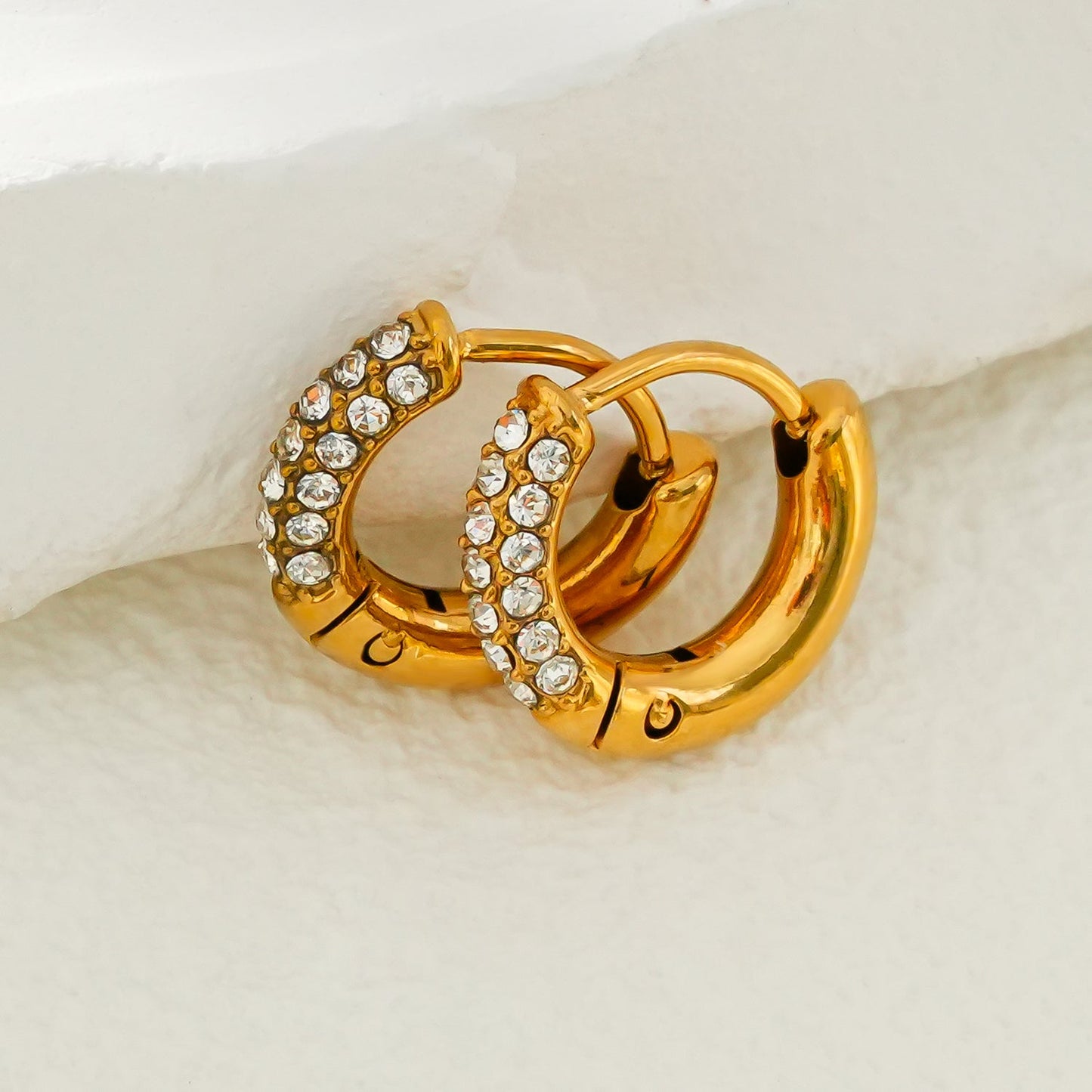 BISHO Gold: Sparkling Rows of Pavé Zirconia on Classic Mini Hoop Earrings