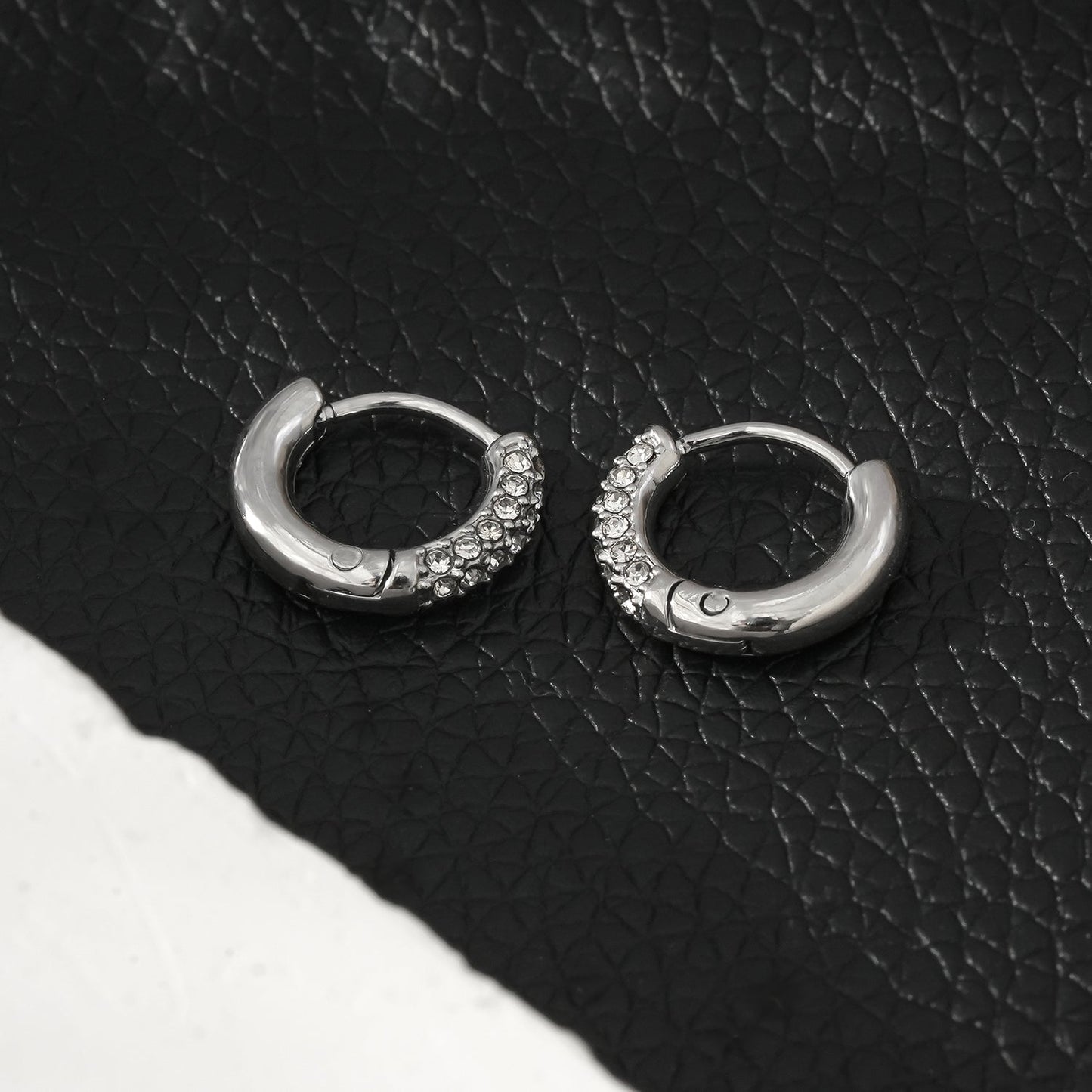 BISHO Silver (White Gold): Sparkling Rows of Pavé Zirconia on Classic Mini Hoop Earrings