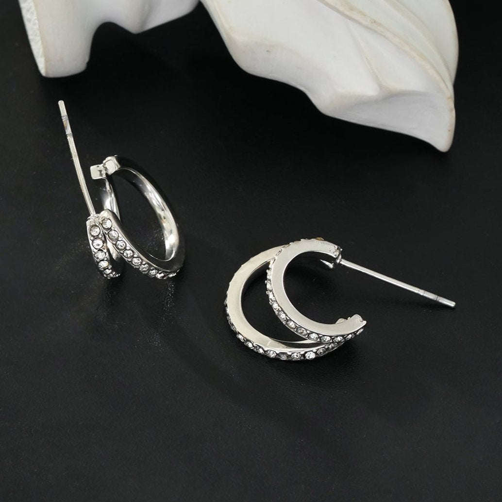 BOTEGA: Double Banded Pavé Zirconia (CZ) Gemstones Embedded Hoop Earrings in Silver