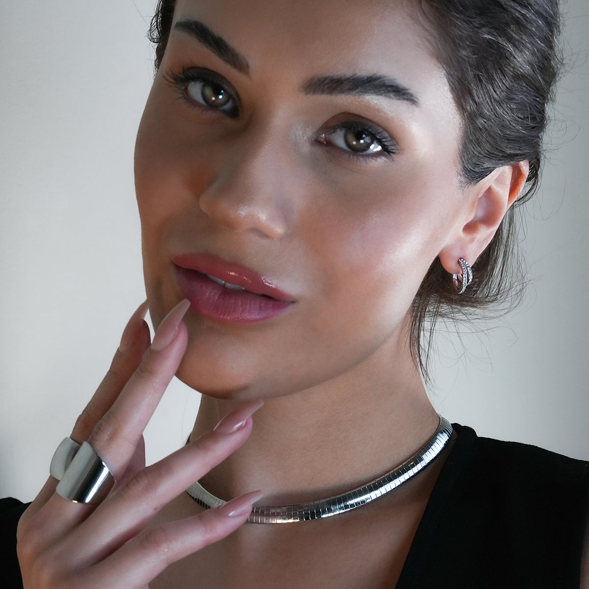 BOTEGA: Double Banded Pavé Zirconia (CZ) Gemstones Embedded Hoop Earrings in Silver