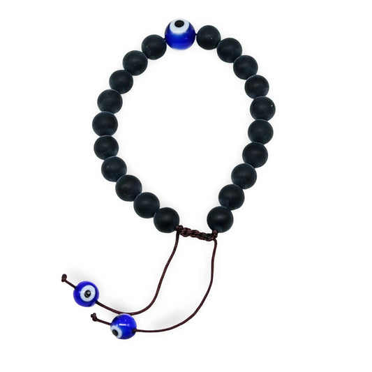 Bracelet - Natural Frosted Black Agate with Evil Eye - Adjustable - 8mm
