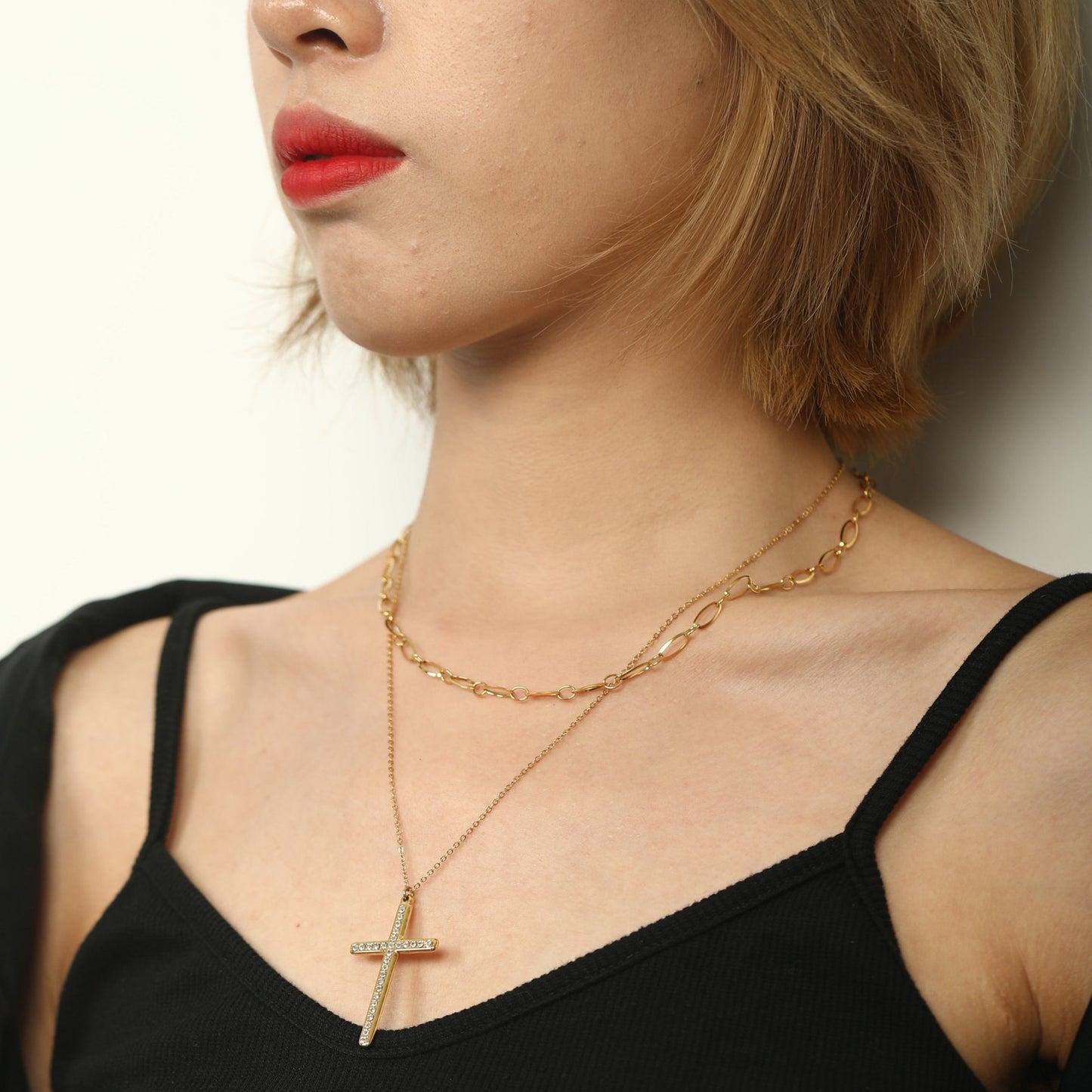 CAMILA: Double Layered Chain Necklace with a Zirconia Embedded Classic Cross Pandent