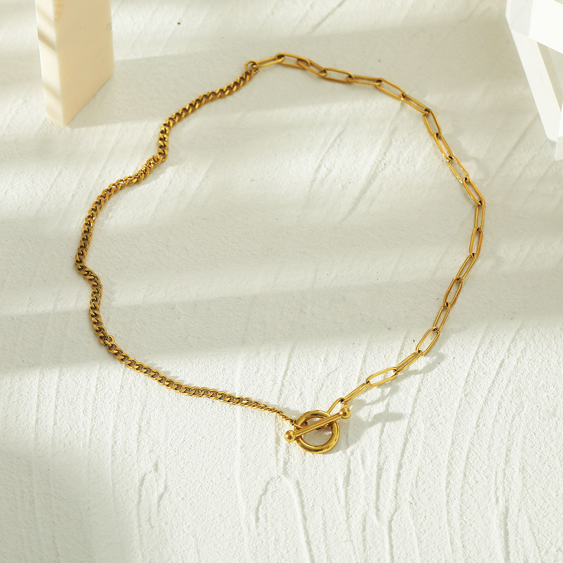 CHARLOTTE Gold:  Mix Chain T-Bar Gold Necklace