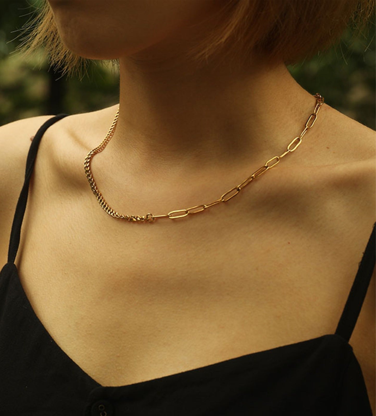 CHARLOTTE Gold:  Mix Chain T-Bar Gold Necklace