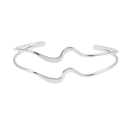 CHITRA: Industrial-Chic Bracelet with Abstract Shaped Parallel Bands in Silver Toned White Gold